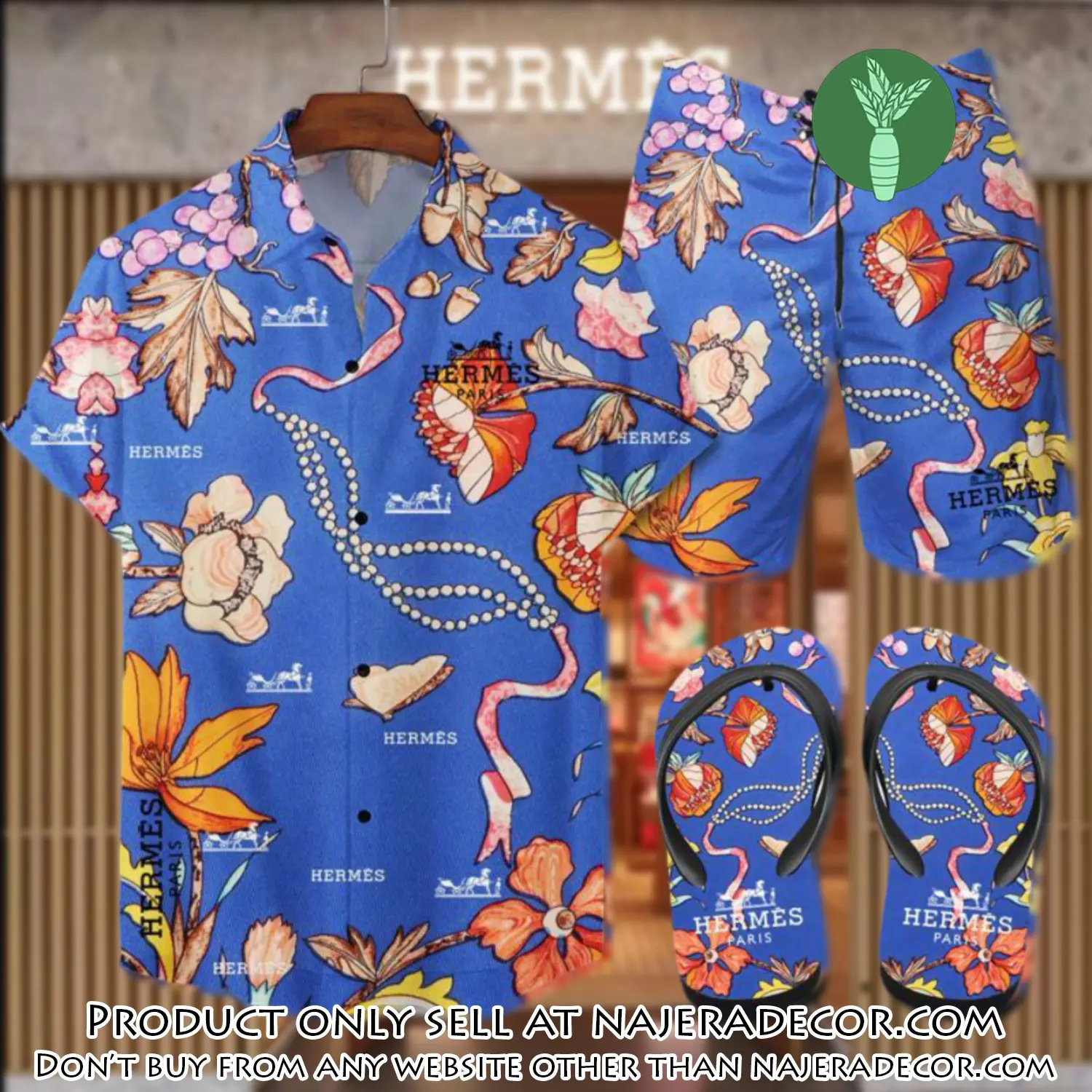 Hermes flip flops and combo hawaii shirt shorts luxury brand summer outfit hsf083 njr3119435